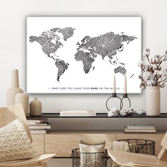 Wereldkaart en toile - Citation - Empreinte digitale - 180x120 cm - Décoration murale