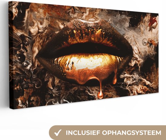 Canvas schilderij - Gouden lippen 40x20 - Kamer decoratie accessoires abstract - Goud kunst schilderijen woonkamer - Wanddecoratie slaapkamer - Muurdecoratie keuken - Wanddoek interieur binnen - Woondecoratie huis - Woonaccessoires