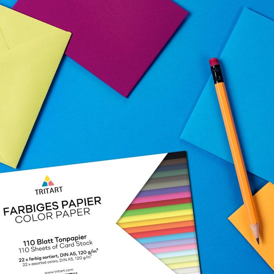 Tritart gekleurd papier A5 120 g/m² - 110 vellen A5 papier - Volledig gekleurd tekenpapier om te knutselen - Karton in 22 kleuren - Knutselkarton - Tritart