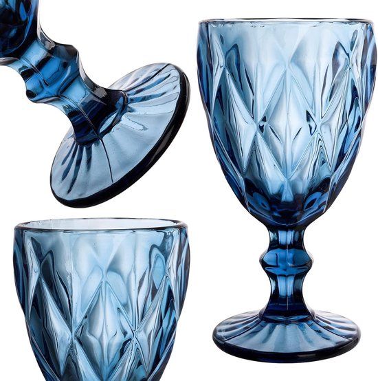 Blauwe Vintage Wijnglazen Met Reliëf, Gekleurde Reliëf, Rode Wijnglazen Witte Wijnglazen Drinkglas Kelkglazen Wijnkelk Voor Wijn Sapdranken 300 Ml Set Van 4 Vaatwasmachinebestendig