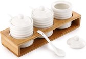 Keramische kruidenpotjes set, 200 ml porseleinen suikerpotten met lepel en deksel, keramische kruidencontainer met bamboe dienblad voor het serveren van zout peper in huiselijke keuken (wit)