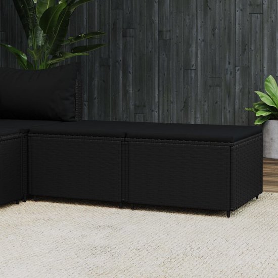 The Living Store voetensteunen - zwart - 55 x 55 x 31 cm - weerbestendig PE-rattan - stevig frame - modulair ontwerp - comfortabel zitkussen - verstelbare poten