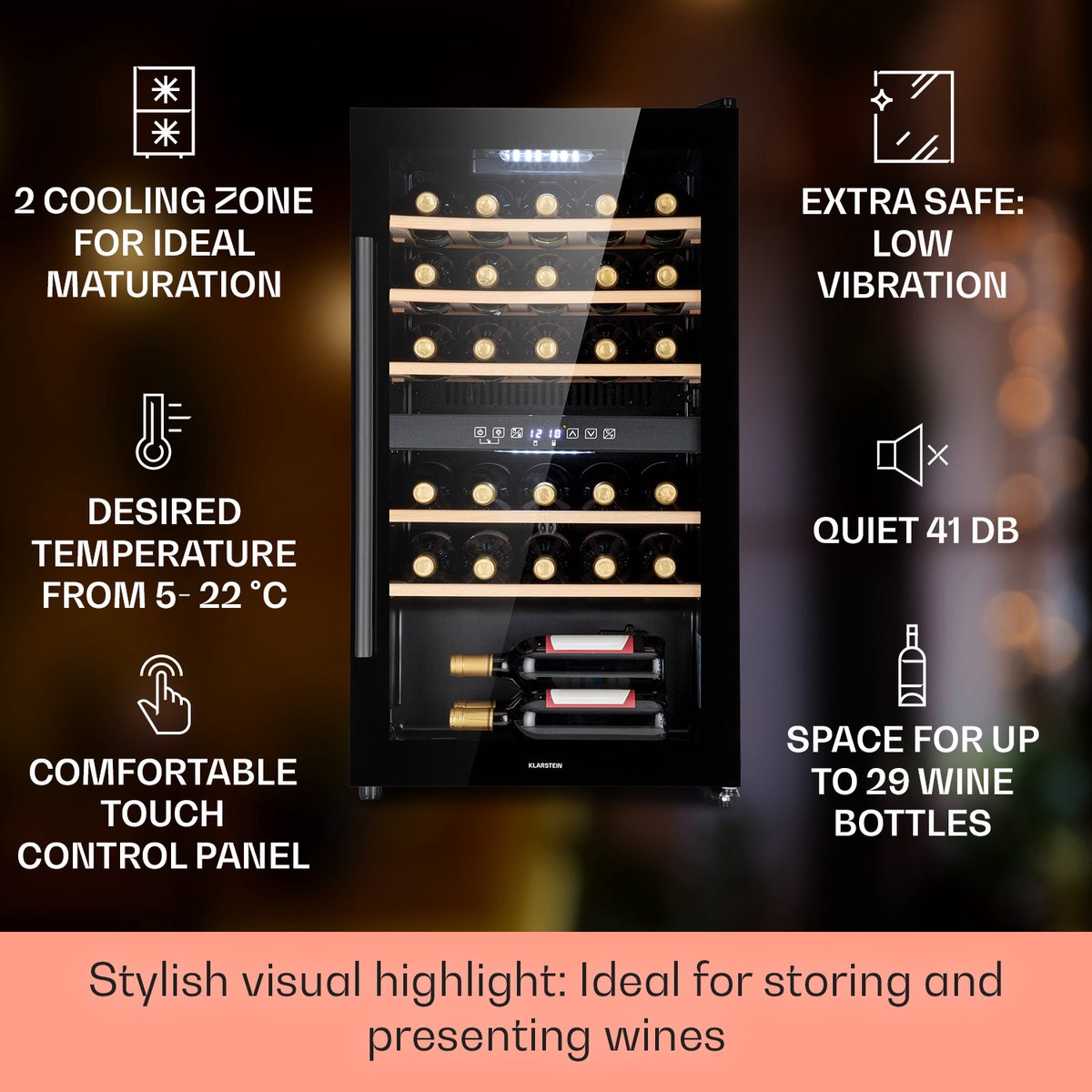 Klarstein Wijnkoeler Barossa 29 Duo Wijnkoelkast - 29 Flessen - 80 Liter - 2 Zones - Toetsbediening - Zwart - 43 cm - voor Bar - Houten Schappen - Wine Cooler Wine Fridge Wijnklimaatkast Wijnkast – foto 5
