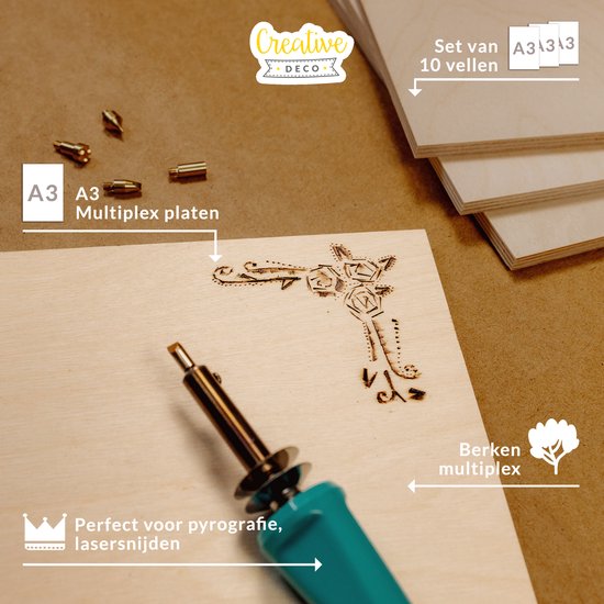 Houten multiplex A3 platen worden gebruikt voor pyrografie en lasersnijden. Set van 10 vellen.