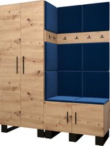 Garderobekast Ganggarderobe Compacte garderobe Vestibule Wandkast Plank Hal & Gang Kast Schoenenkast Gestoffeerde panelen en met een kussen - (BxHxD): 158x196x45,6 cm - ERNETST 2 - Artisan (Blauw (Manila 26))