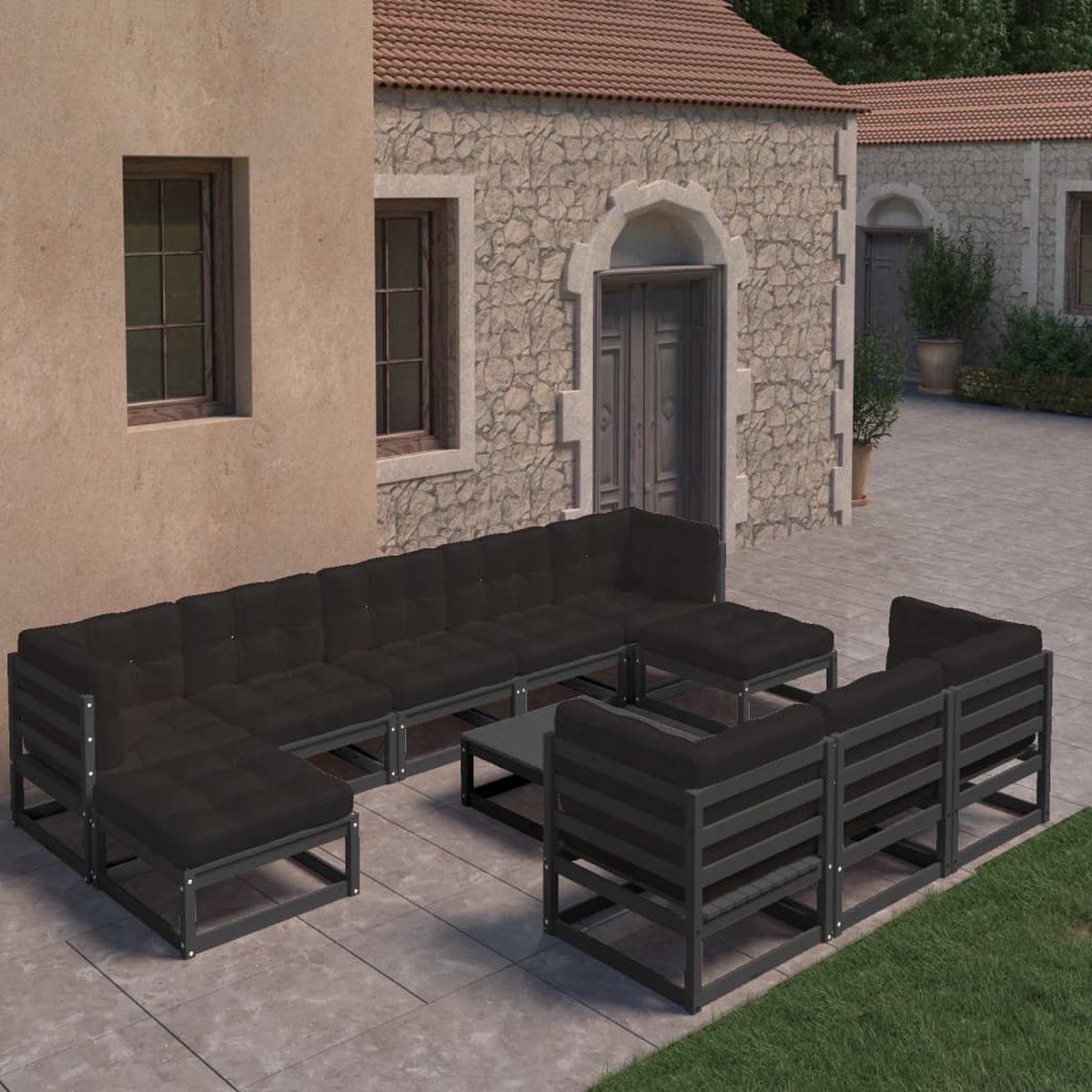 The Living Store 11-delige Loungeset met kussens massief grenenhout zwart - Tuin Lounge Set - Grenenhout Lounge Set - Loungestoel - Buisstoel - Outdoor Furniture