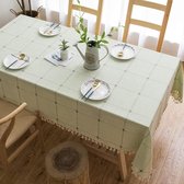 Nappe en coton et lin brodée avec pompons, décoration, anti-poussière, lavable, pour table de salle à manger, vert (rond, 140 x 140 cm, 4 places)