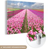 MuchoWow® Glasschilderij 120x80 cm - Schilderij acrylglas - Tulpen - Zon - Lente - Foto op glas - Schilderijen