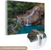 MuchoWow® Glasschilderij 90x60 cm - Schilderij acrylglas - Waterval - Rots - Landschap - Foto op glas - Schilderijen