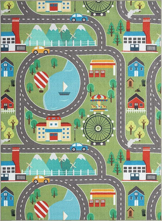 Vloerkleed kinderkamer - Groen - 200x200 cm - Vierkant - Afwasbaar - Antislip - Tapijt voor jongens en meisjes met een straat en stad - Happy Life by the carpet