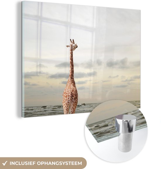 MuchoWow® Peinture sur verre 40x30 cm - Peinture sur verre acrylique - Girafe - Mer - Nuages ​​- Photo sur verre - Peintures