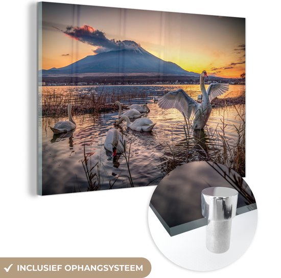 MuchoWow® Glasschilderij 90x60 cm - Schilderij acrylglas - Zwanen zwemmen in een meer bij de Fuji berg in Japan - Foto op glas - Schilderijen
