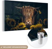 MuchoWow® Glasschilderij 80x40 cm - Schilderij acrylglas - Schotse hooglander - Bloemen - Koe - Botanisch - Dieren - Foto op glas - Schilderijen