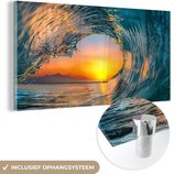 Glasschilderij - Foto op glas - Zee - Golf - Horizon - Zon - Wanddecoratie zee - Acrylplaat - Glazen schilderij - Acrylglas - 120x60 cm - Schilderijen woonkamer