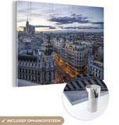 MuchoWow® Glasschilderij 80x60 cm - Schilderij acrylglas - Madrid - Zon - Architectuur - Foto op glas - Schilderijen