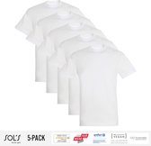 5 Pack Sol's Heren T-Shirt 100% biologisch katoen Ronde hals wit Maat 2XL