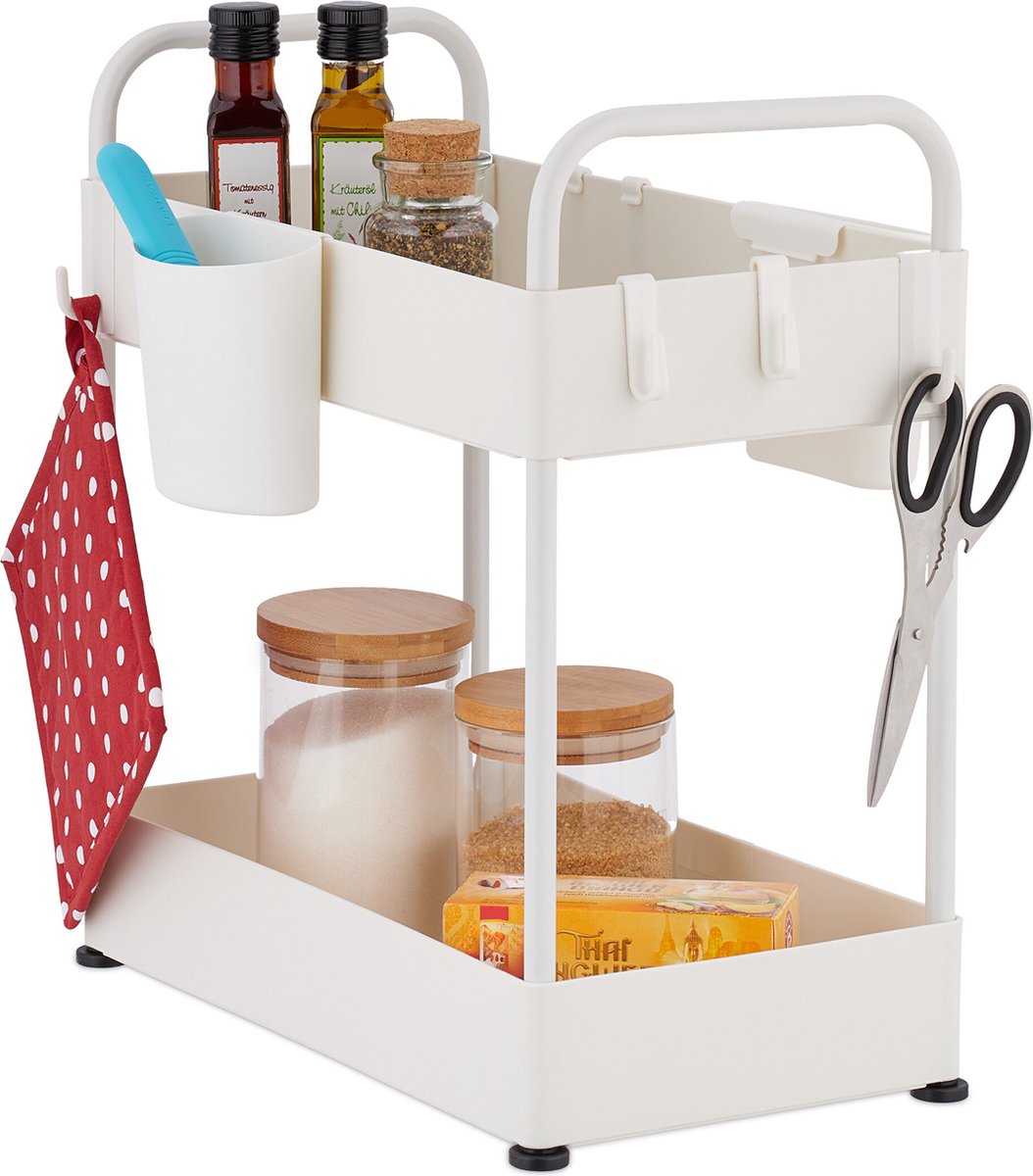 gootsteenkast organizer - 2 etages - 6 haken en 2 bakjes - hoogte verstelbaar
