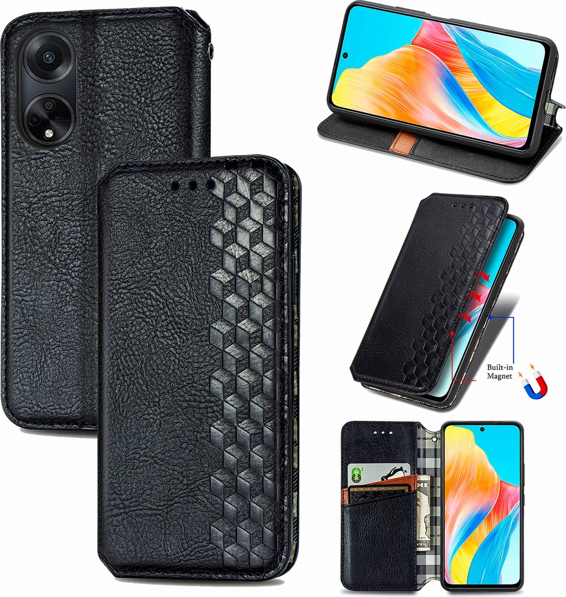Luxe PU Lederen Ruitpatroon Wallet Case + PMMA Screenprotector voor OPPO A98 5G _ Zwart