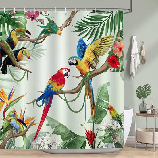 Douchegordijn Tropische vogels papegaai toekan palmbladeren