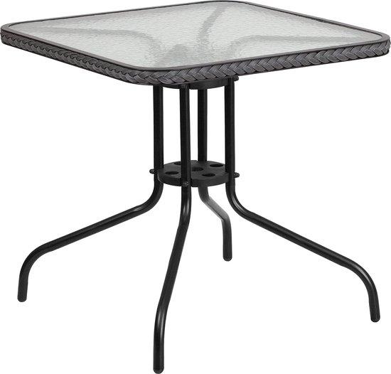 Balcony Table with Glass Top - Rattan Table for Garden, Balcony, Outdoor Catering - Classic Garden Table with Rattan Edge Band - Grey
