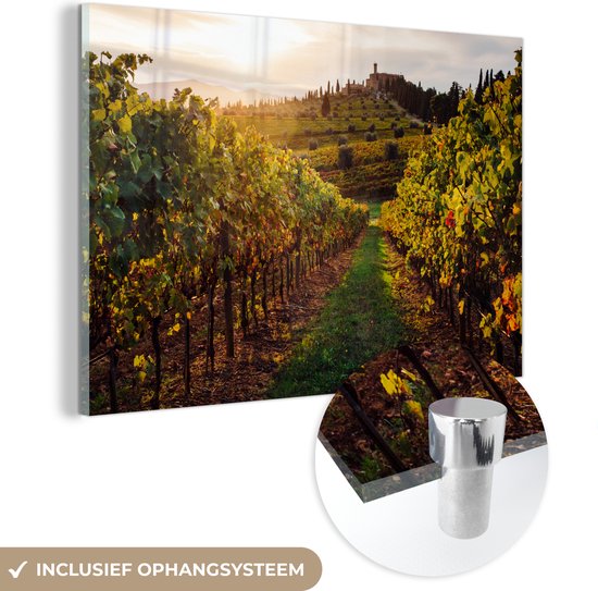 MuchoWow® Glasschilderij 120x80 cm - Schilderij acrylglas - Toscane - Landschap - Wijngaarden - Foto op glas - Schilderijen