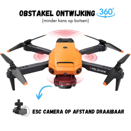 SefSay P8 Drone Oranje - Drone met dubbele camera - Obstakel ontwijking - Drones - drone voor kinderen - Drones met camera voor volwassenen - Inclusief opbergtas en 2 accu's