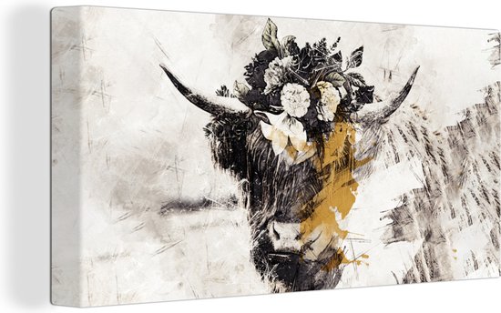 Schotse hooglander - Bloemen - Goud - Canvas - 40x20 cm - Wanddecoratie