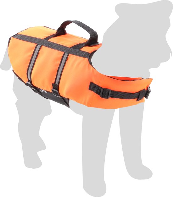 Een oranje reddingsvest met zwarte banden en reflecterende details, gedragen door een grijze hondensilhouet.