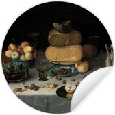 WallCircle - Muurstickers - Behangcirkel - Stilleven met kazen - Schilderij van Floris Claesz. van Dijck - ⌀ 140 cm - Muurcirkel - Zelfklevend - Ronde Behangsticker