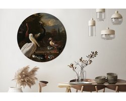 WallCircle - Wandcirkel - Muurcirkel - Een pelikaan en ander gevogelte bij een waterbassin - Schilderij van Melchior d'Hondecoeter - Aluminium - Dibond - 120x120 cm - Binnen en Buiten XXL