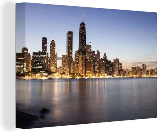 Canvas schilderij 150x100 cm - Wanddecoratie Chicago - Skyline - Water - Muurdecoratie woonkamer - Slaapkamer decoratie - Kamer accessoires - Schilderijen
