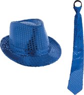 Toppers - Carnaval verkleed setje - glitter hoedje en stropdas - blauw - volwassenen - met pailletten