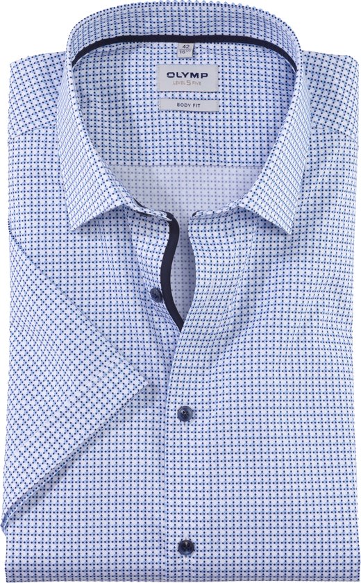 OLYMP Level 5 body fit overhemd - korte mouw - twill - bleu dessin - Strijkvriendelijk - Boordmaat: 40