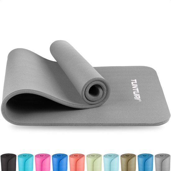 Tunturi NBR Yogamat Anti Slip - Fitnessmat Extra dik & zacht - Sportmat - 180x60x1.5cm - Incl Trainingsapp - Grijs