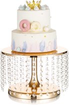 Gouden taartstandaard, cupcake-standaard, metalen taartstandaard met acryl kristallen hangers, 30 cm, ronde taarthouder voor middagthee, dessert, tentoonstellingsstandaard, verjaardag, bruidstaart