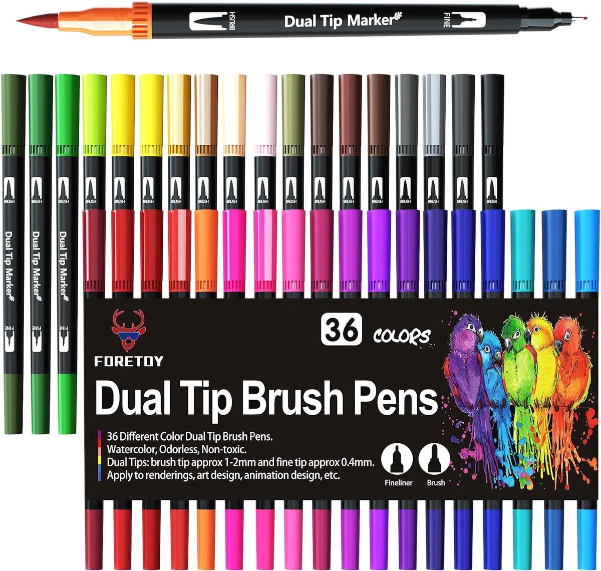 Dual Brush Pen Set 36 kleuren Dubbele Viltstiften Penseelpennen dubbelvezelpen waterbasis Kleurpennen voor Bullet Journal handlettering kalligrafie manga Borsteltips[1-2 mm] Fineliner Tips[0 4 mm] (36 Zwart)