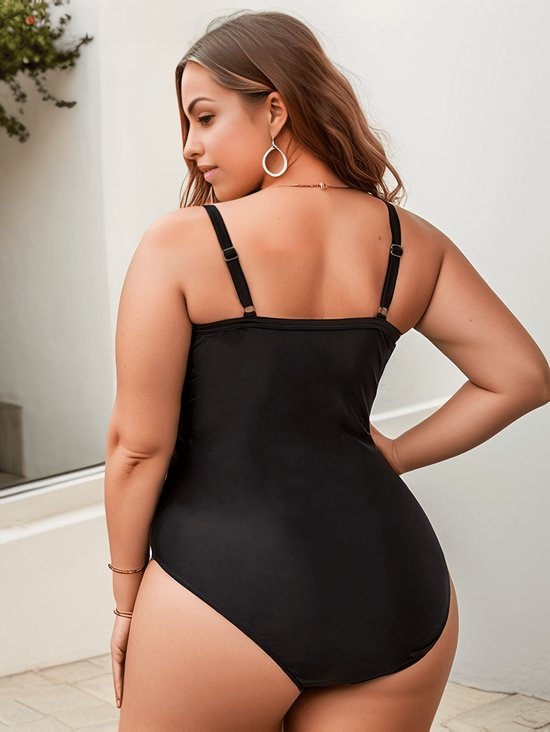 Badpak dames- Sexy Plus Size Vacay Zwempak met Ruches & Veters aan de Voorkant- Vierkante hals Bikini Zwemkleding Strandkleding Badmode 324- Zwart- Maat 4XL