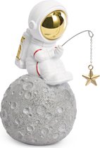 BRUBAKER Decoratieve figuur astronaut vissen naar sterren - visser zit op de maan - 17 cm Spaceman ruimtefiguur met engel en verchroomde helm - handbeschilderd ruimtevaartbeeld modern - wit en goud