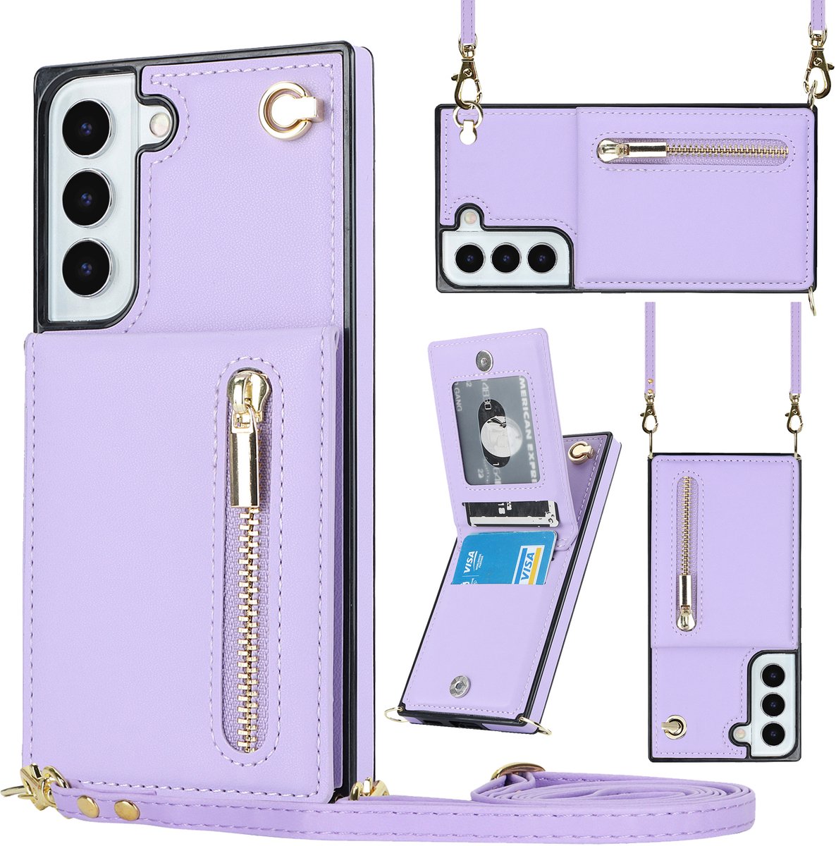 Wallet hoesje met koord geschikt voor Samsung S21 FE - Violet