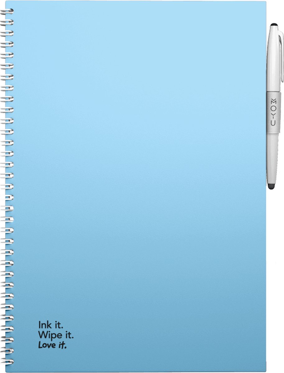 MOYU - Sky Blue Notebook - Uitwisbaar Notitieboek A4 Hardcover - Multifunctionele pagina’s - Inclusief uitwisbare pen, houder en wisdoekje