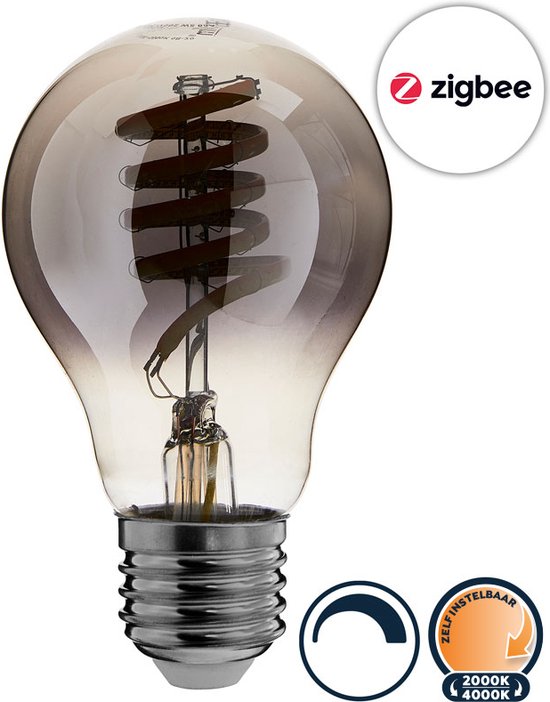 Zigbee E27 led lamp, filament bulb (A60), Touchlink, Dimbaar, 2000K-4000K lichtkleur zelf instelbaar, Smokey glas, 5W