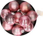 Othmar Decorations Luxe gedecoreerde kerstballen - 12x st - lichtroze - glas - 7,5 cm