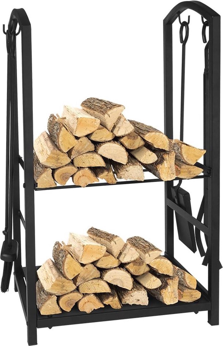 Brandhout log rek, 4 stuks open haard gereedschapssets, indoor outdoor open haard log carriers houder opslag zwart smeedijzer, herbruikbaar