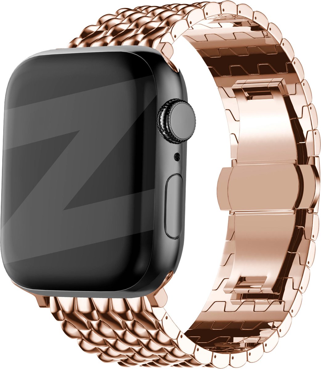 Bandz stalen band 'Dragon' geschikt voorApple Watch Series 1/2/3/4/5/6/7/8/9/10/11/SE/SE2/SE3 - Maat: 38 / 40 / 41 / 42mm - Hoogwaardig stalen materiaal smartwatch bandje - Inclusief inkortset - rosegold metalen Apple Watch bandje