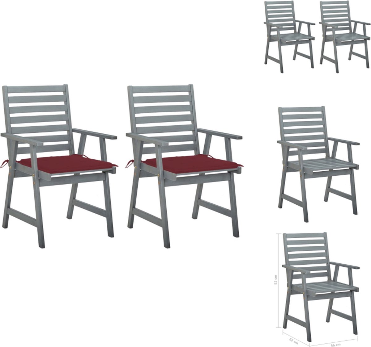 VidaXL Eetstoelen Tuin Acaciahout 56 x 62 x 92 cm Rustieke charme Waterdicht kussen Wijnrood Tuinstoel