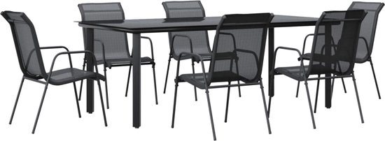 Zwarte metalen tafel met zes bijpassende stoelen met textilene zitting en rugleuning.