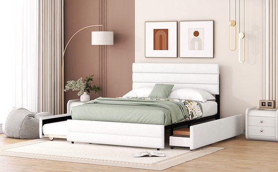 Merax Lit double 140 x 200 - Cadre de lit avec 2 tiroirs et lit gigogne supplémentaire 90 x 190 - Wit