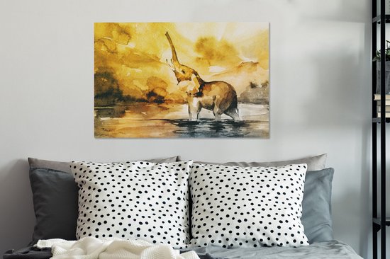 Tableau Toile Éléphant - Aquarelle - Water - 90x60 cm - Décoration murale