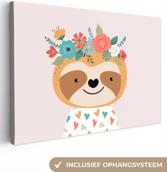 Toile Peinture Paresseux - Fleurs - Animaux - 180x120 cm - Décoration murale XXL