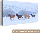 Canvas Schilderij Paarden - Sneeuw - Winter - 80x40 cm - Wanddecoratie